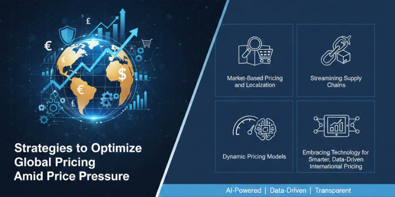 Infographic showing strategies for pricing for international markets including dynamic pricing models, market-based localization, and streamlined supply chains under global price pressure.