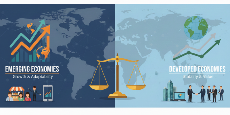 A comparison infographic for pricing for international markets showing the balance between emerging economies (growth and adaptability) and developed economies.