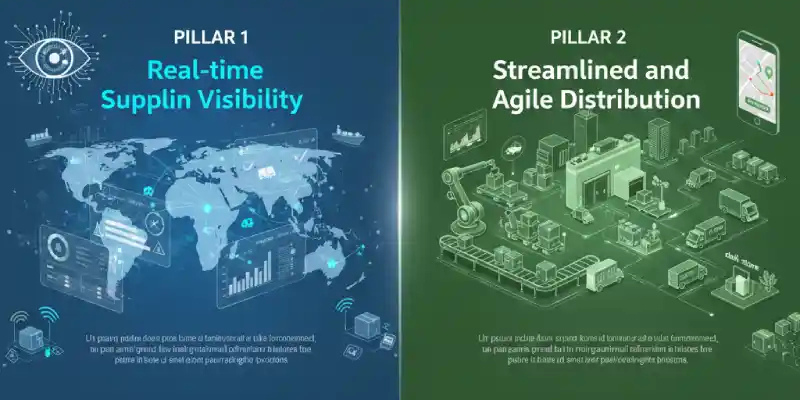 The chosen title and alt text directly incorporate your keyword phrase, "Global E-commerce Supply Chain", and reference the two main concepts depicted in the image: Real-time Visibility (Pillar 1) and Streamlined and Agile Distribution (Pillar 2).
