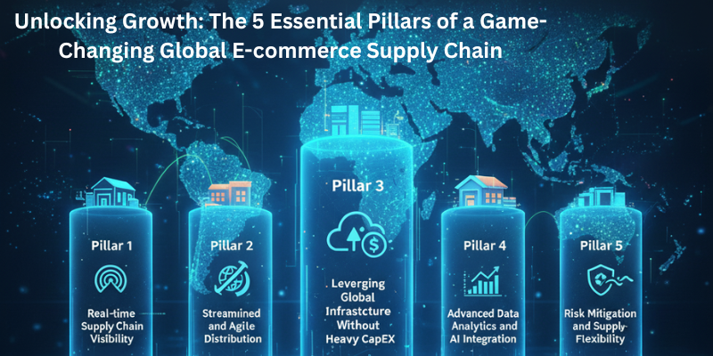 Diagram illustrating the five core pillars of a Global E-commerce Supply Chain: Real-time Visibility, Agile Distribution, Leveraging Global Infrastructure (CapEx), Data Analytics/AI, and Risk Mitigation/Flexibility.