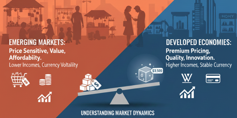 Comparison of international pricing strategies showing an emerging market street scene vs. a developed market skyline, highlighting differences in currency volatility, income levels, and consumer behavior.
